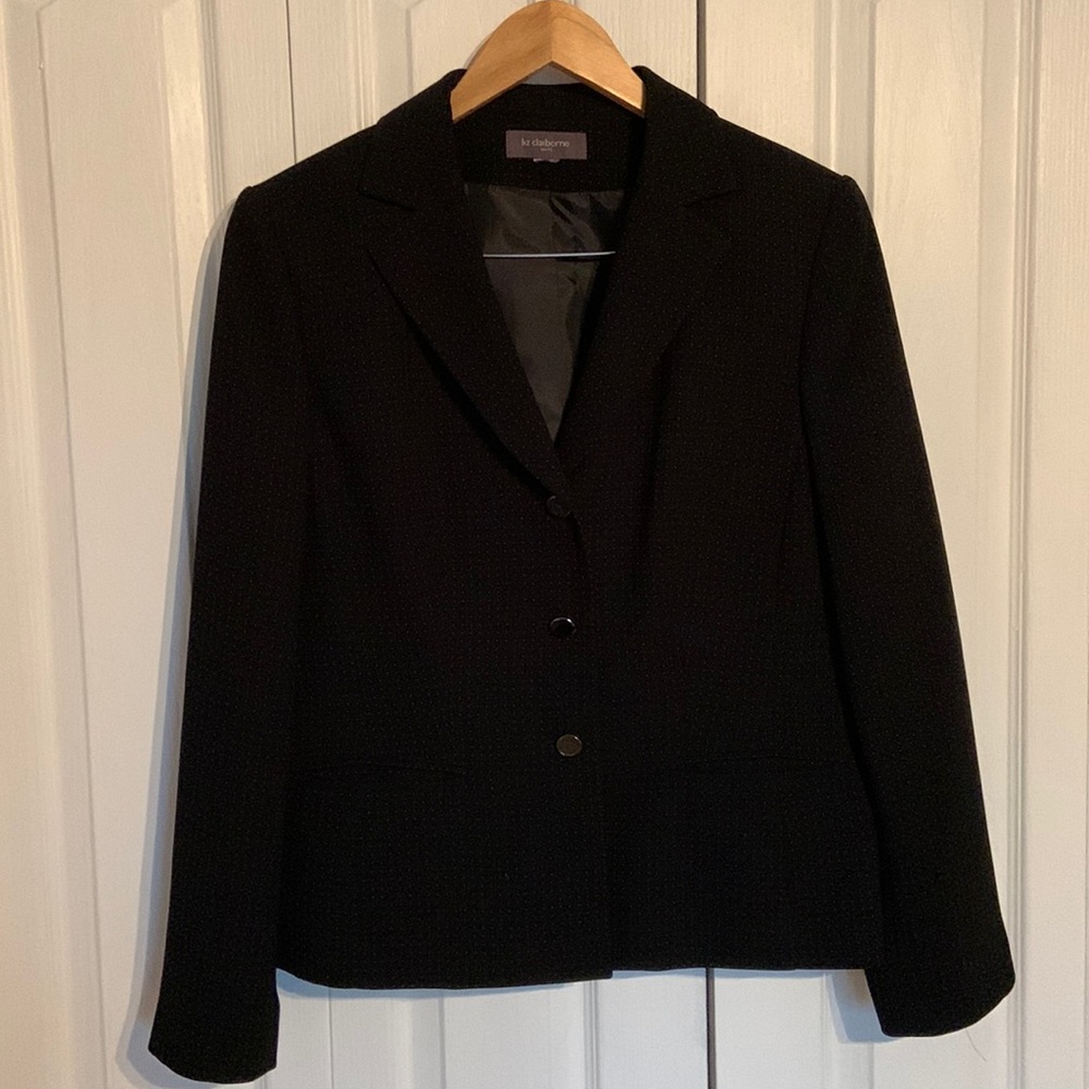 Liz Claiborne size 12 black blazer. Fully lined. Subtle white polka dot fabric.
